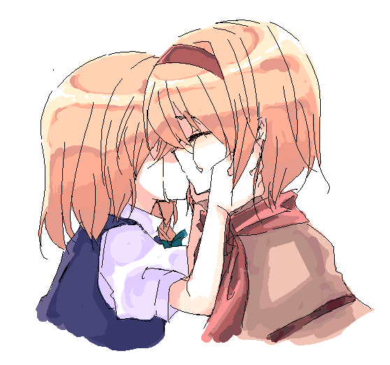 2girls, alice_margatroid, blonde_hair, capelet, closed_eyes, female, hairband, hands_on_another's_face