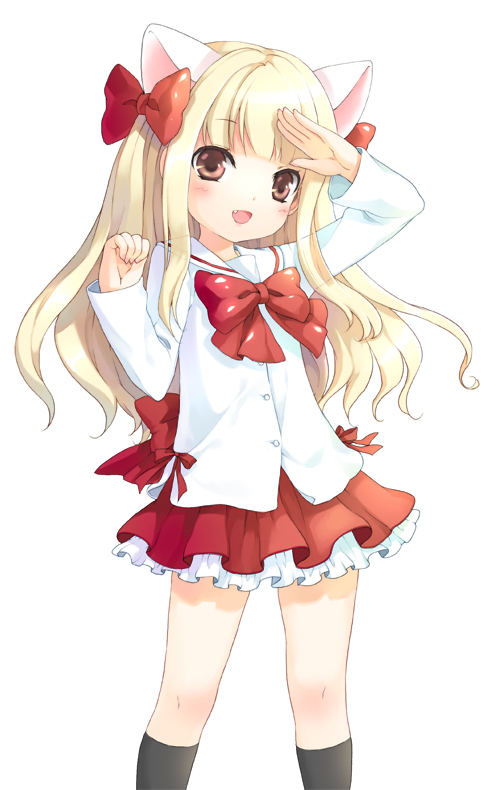 animal_ears, bad_id, blonde_hair, blush, brown_eyes, cat_ears, child, cuteg, frills, hair_ribbon, hair_ribbons, loli, long_hair, pita_ten, ribbon, ribbons, skirt, socks, solo, uematsu_koboshi