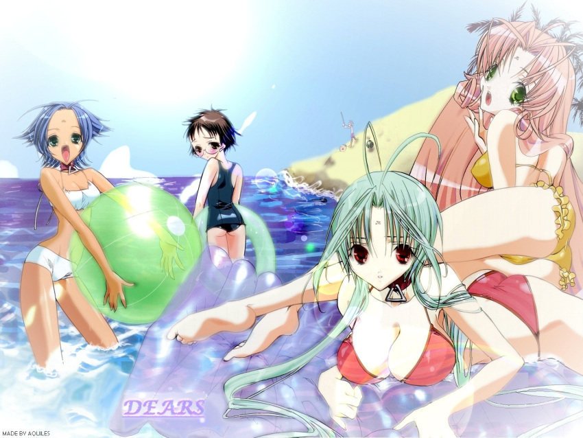 00s, 4girls, air_mattress, antenna_hair, ayu_(dears), ball, beach, beachball, bikini, blue_hair, blush, breasts, brown_hair, cleavage, collar, dears, erect_nipples, green_eyes, highres, innertube, izumi_neneko, large_breasts, miu, miu_(dears), multiple_girls, pink_hair, red_eyes, ren_(dears), school_swimsuit, swimsuit, wallpaper