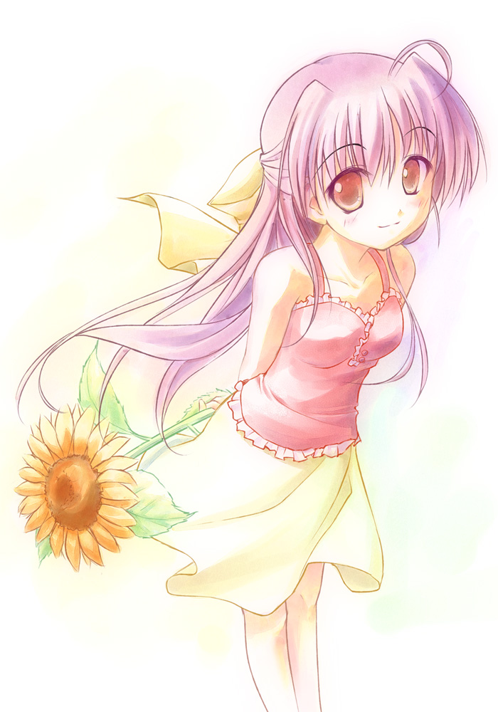1girl, ahoge, brown_eyes, flower, half_updo, hinata_natsumi_(sharin_no_kuni), long_hair, purple_hair