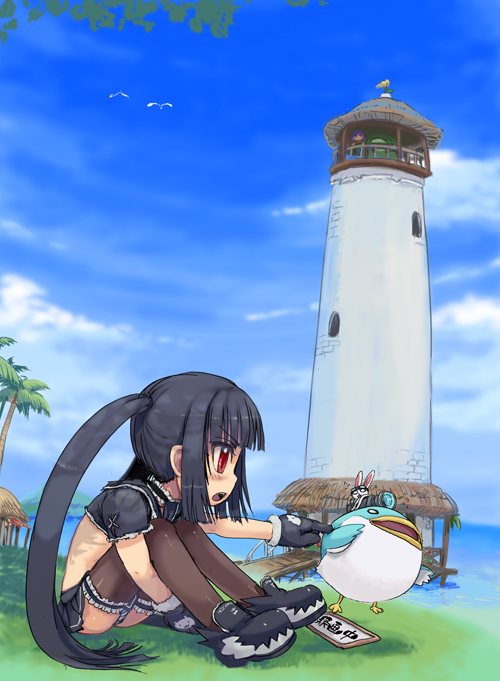 1girl, bird, black_hair, frilled_legwear, ike_(altitude_attitude), kooh, leg_hug, lighthouse, long_hair, midriff, minishirt, ocean, pangya, panties, pantyshot, poking, red_eyes, sitting, skirt, sky, striped, striped_panties, thigh-highs, underwear