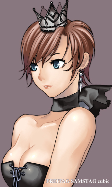 1girl, bad_anatomy, bangs, bare_shoulders, black, black_clothes, blue_eyes, breasts, brown_hair, choker, cleavage, collarbone, corset, crown, earrings, female, front-tie_top, halter_top, halterneck, hat, hidematsu_(fsc), jewelry, lipstick, makeup, medium_breasts, original, poorly_drawn, profile, short_hair, simple_background, smile, solo, upper_body