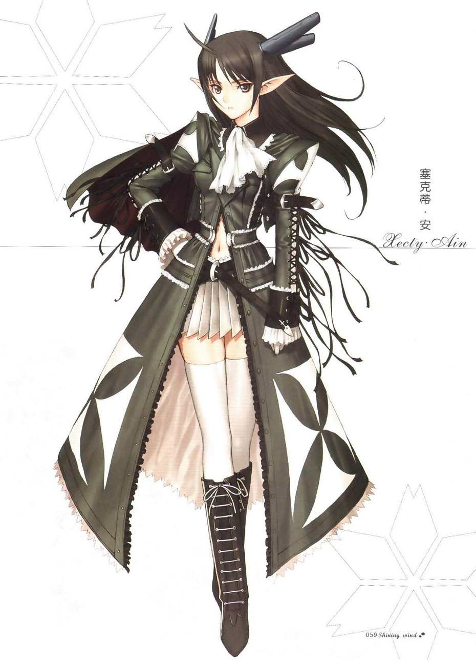 belt, black_hair, boots, brown_eyes, cape, elf, highres, jabot, lace, laces, long_coat, long_hair, long_sleeves, midriff, miniskirt, open_clothes, pink_eyes, pointy_ears, ribbon, ribbons, scan, shining_(series), shining_wind, skirt, solo, standing, strap, taka_tony, thigh-highs, thighhighs, xecty_ein, zettai_ryouiki