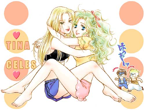2boys, 2girls, barefoot, blonde_hair, blue_eyes, celes_chere, character_name, colored