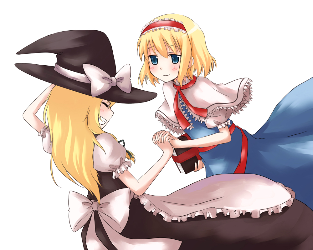 alice_margatroid, blonde_hair, blue_eyes, blush, book, hairband, hand_holding, hat