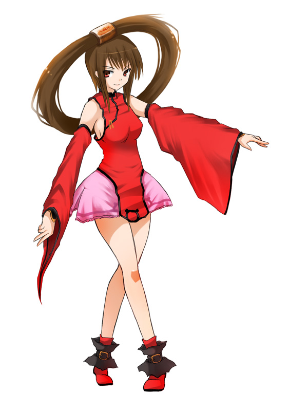 1girl, arc_system_works, bangs, bare_legs, bare_shoulders, breasts, brown_eyes, brown_hair