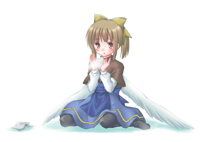 1girl, angel_wings, blush, brown_eyes, brown_hair, cold, dobato, original