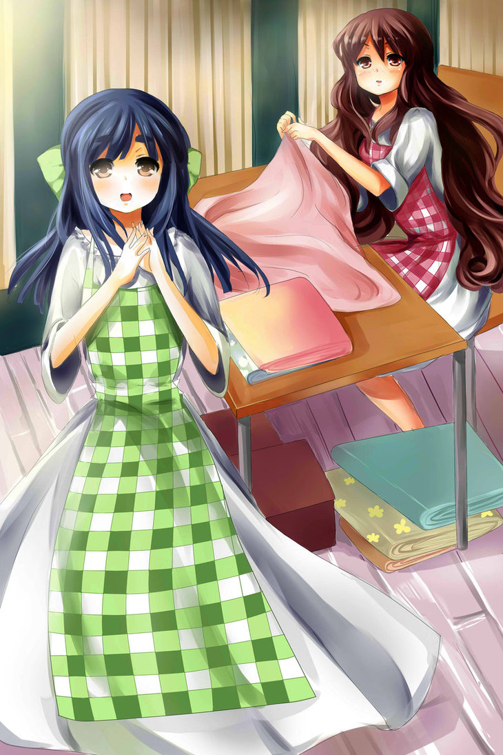 2girls, animal_crossing, asami_(doubutsu_no_mori), black_hair, brown_eyes, brown_hair, doubutsu_no_mori, doubutsu_no_mori_+, duo, gijinka, kinuyo_(doubutsu_no_mori), long_hair, looking_at_viewer, nintendo, nintendo_ead, personification, pinafore, red_eyes, ribbon, tagme