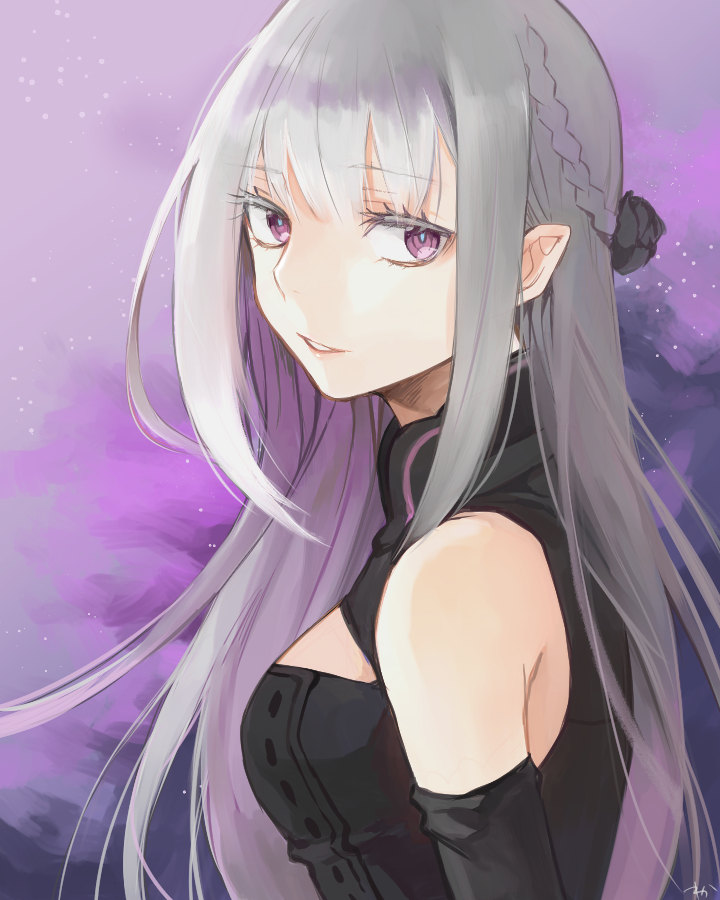 blush, dress, grey_hair, long_hair, red_eyes, satella_(re:zero)