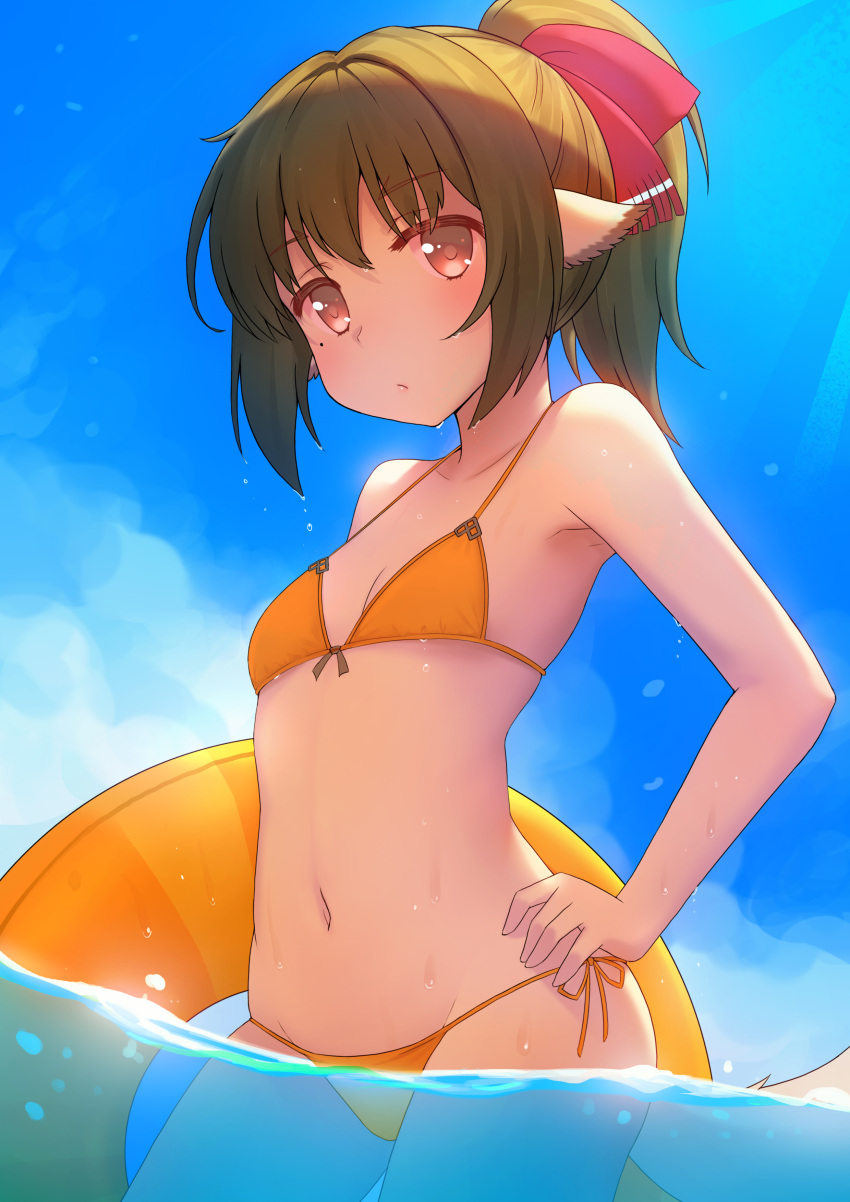 1girl, :/, absurdres, animal_ears, armpits, bare_arms, bare_shoulders, bikini, blue_sky, blush, bow, breasts, brown_hair, cleavage, closed_mouth, collarbone, cowboy_shot, day, eyebrows_visible_through_hair, fukuro_ko_(greentea), hair_bow, hand_on_hip, highres, innertube, looking_at_viewer, mole, mole_under_eye, necone, orange_bikini, orange_ribbon, outdoors, red_bow, red_eyes, ribbon, short_hair, side-tie_bikini, sky, small_breasts, solo, swimsuit, tail, utawareru_mono:_itsuwari_no_kamen, wading, water, water_drop, wet