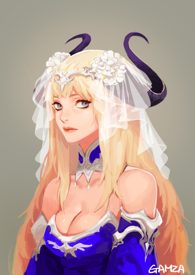 1girl, artist_name, bangs, bare_shoulders, blonde_hair, blue_dress, blue_eyes, breasts