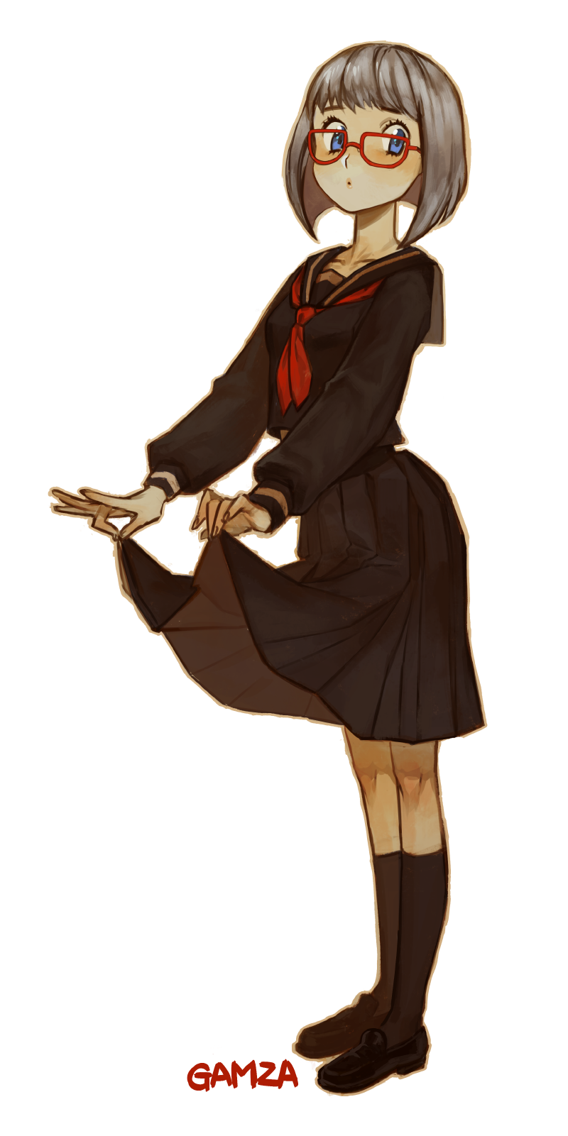 1girl, artist_name, bangs, black_legwear, black_serafuku, black_shirt, black_shoes, black_skirt, blue_eyes, bob_cut, collarbone, eyelashes, fingernails, full_body, gamza, glasses, highres, kneehighs, legs_together, loafers, long_sleeves, neckerchief, original, pink_lips, pleated_skirt, red-framed_eyewear, school_uniform, serafuku, shirt, shoes, short_hair, silver_hair, simple_background, skirt, skirt_hold, skirt_lift, solo, standing, white_background