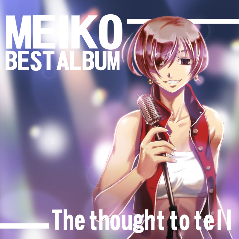 brown_eyes, brown_hair, cd_cover, cover, earrings, jewelry, meiko, microphone