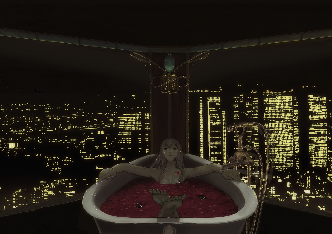 1girl, bath, bathing, bathtub, city, cityscape, dark, feet