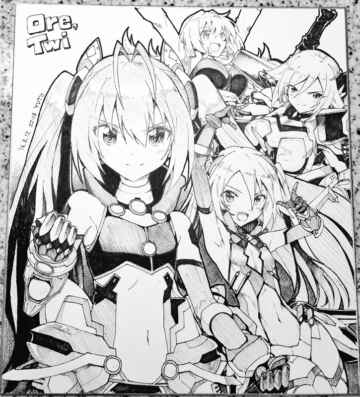 >:), 4girls, :d, antenna_hair, arm_above_head, armpits, arms_up, artist_name