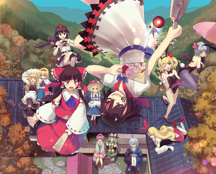 1boy, 6+girls, alice_margatroid, apron, ascot, bat_wings, bird, black_hair