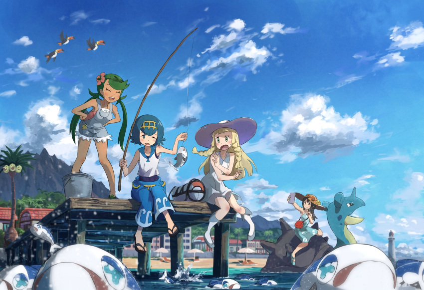 4girls, alola_form, alolan_exeggutor, bag, beach, blonde_hair, blue_eyes, blue_hair