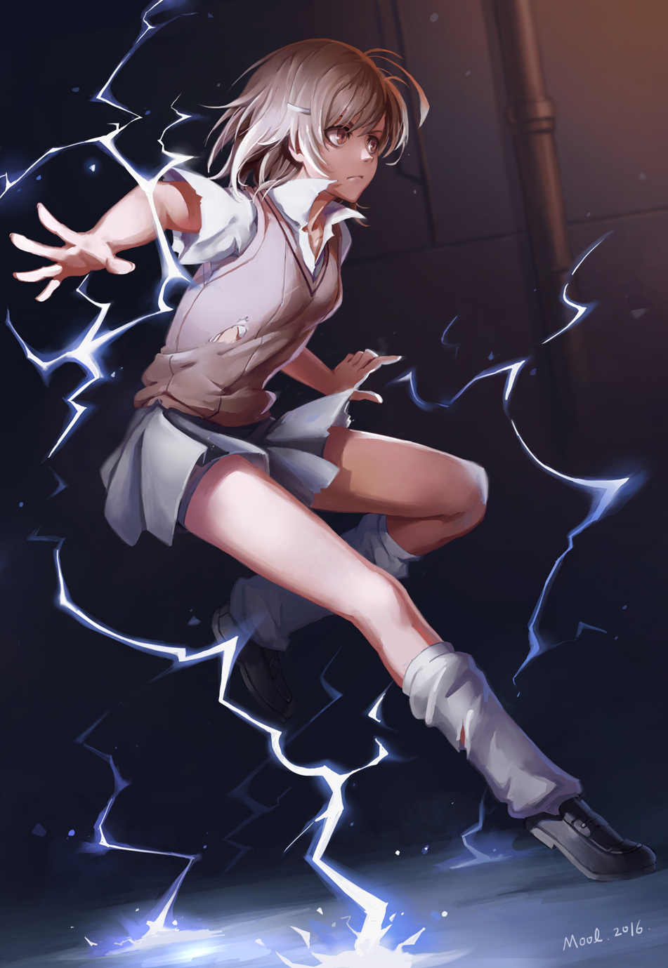 1girl, 2016, action, artist_name, bangs, bare_arms, black_shoes, breasts