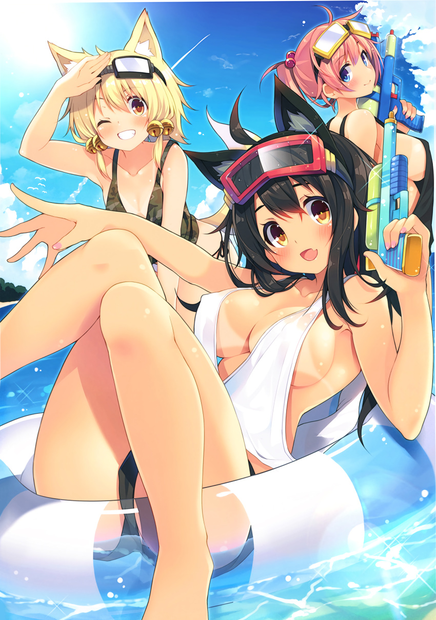 3girls, absurdres, animal_ears, barefoot, bell, bikini, black_hair, blonde_hair