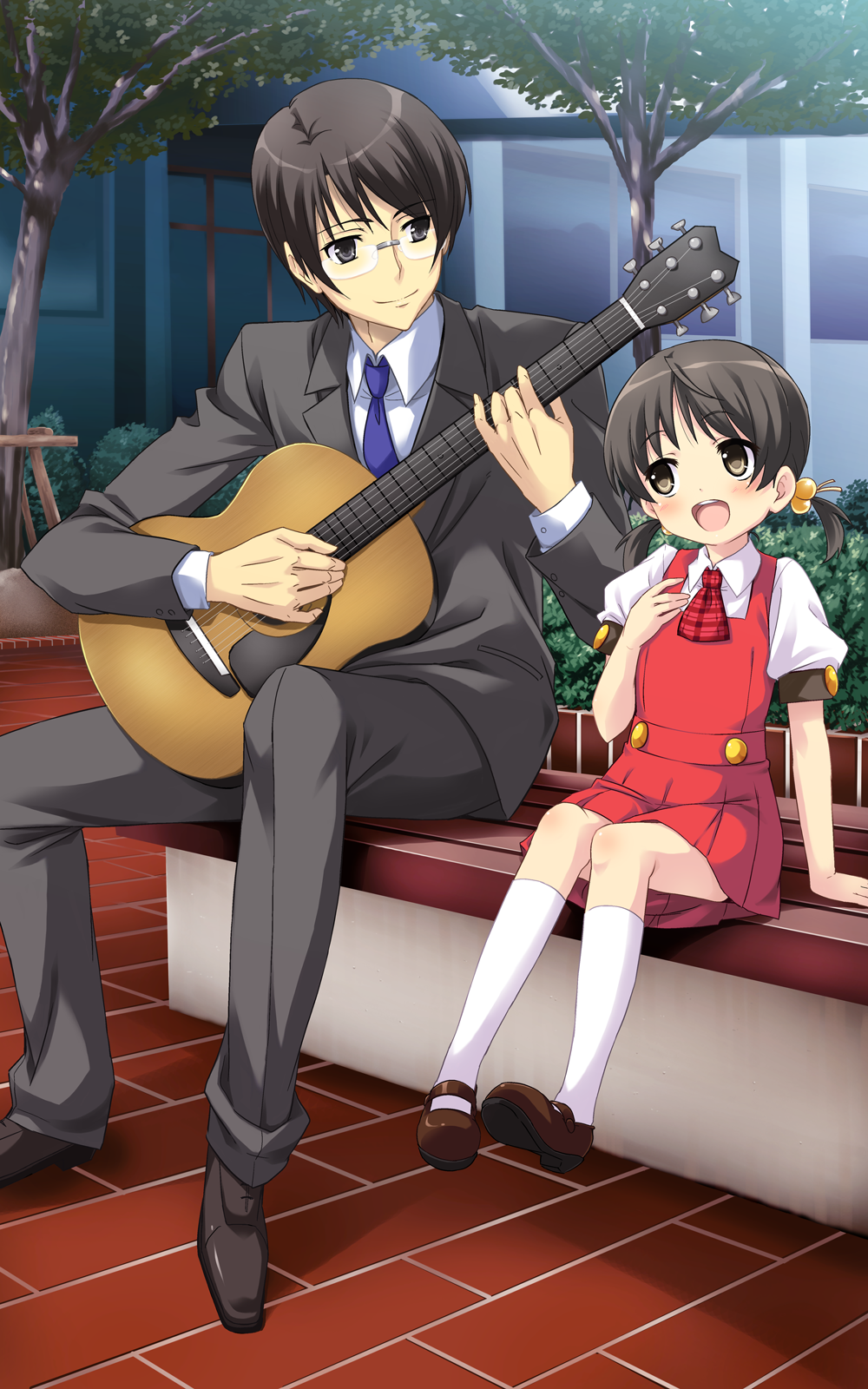 1boy, 1girl, :d, acoustic_guitar, age_difference, ascot, black_eyes, black_hair