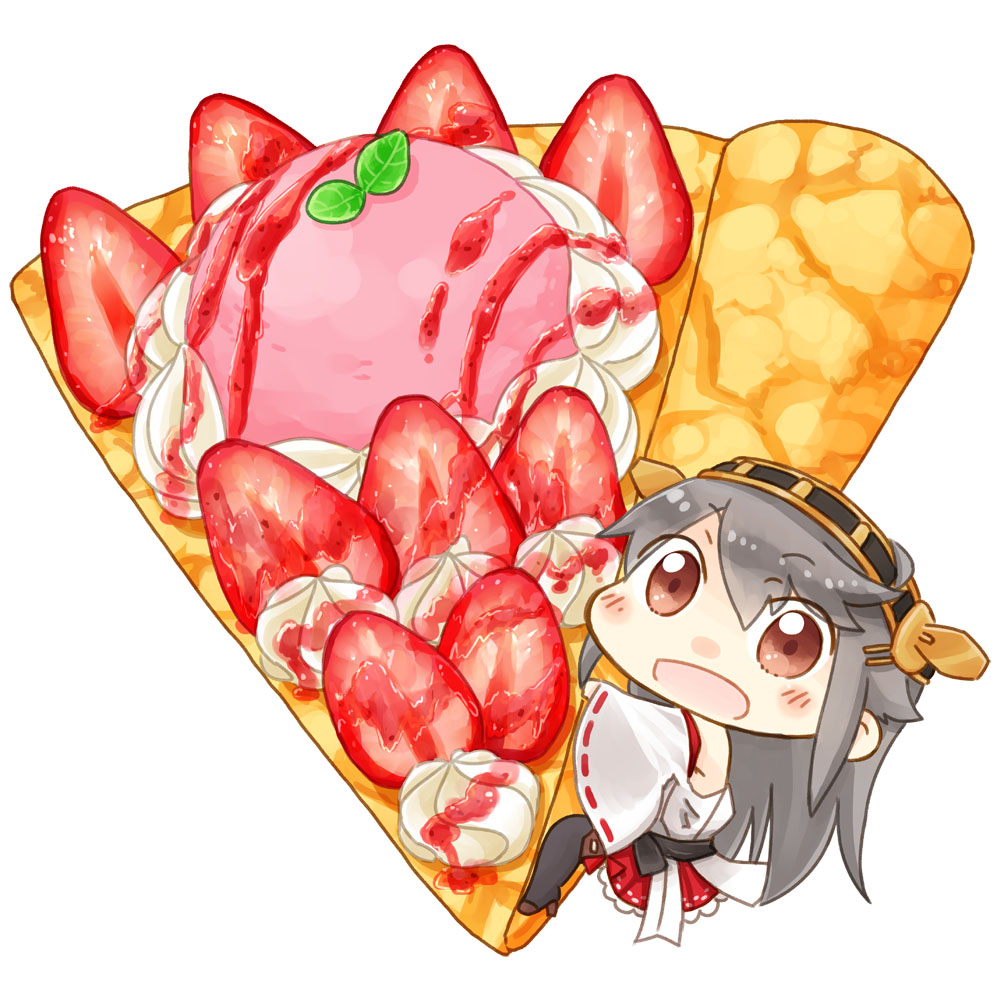 1girl, :d, boots, brown_eyes, chibi, commentary_request, cream, crepe