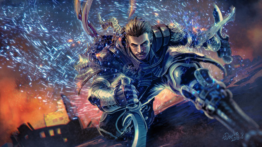 1boy, armor, black_hair, dual_wielding, facial_hair, final_fantasy, final_fantasy_xv, fingerless_gloves
