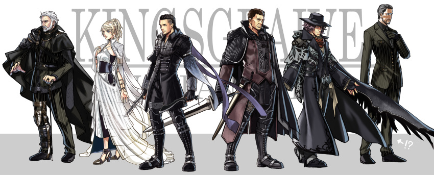 1girl, 5boys, age_comparison, ardyn_izunia, beard, black_hair, cane, cape