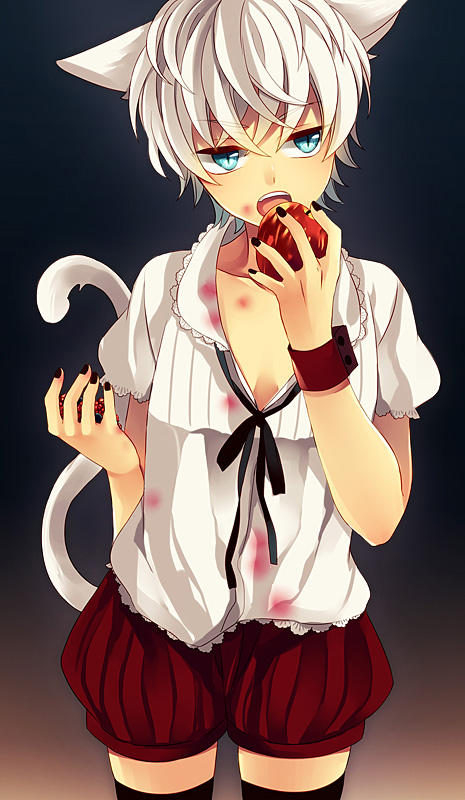 1boy, animal_ears, ann_hajime, black_legwear, black_nails, blue_eyes, cat_ears, cat_tail