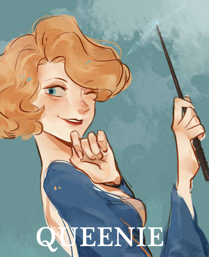 1girl, character_name, curly_hair, fantastic_beasts_and_where_to_find_them, highres, jungujun, one_eye_closed, orange_hair, queenie_goldstein, solo, teeth, upper_body, wand