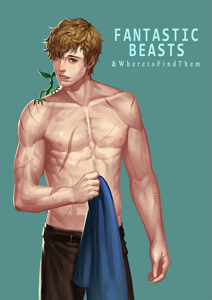 1boy, aqua_background, brown_hair, chocolazy, copyright_name, fantastic_beasts_and_where_to_find_them, freckles, green_eyes