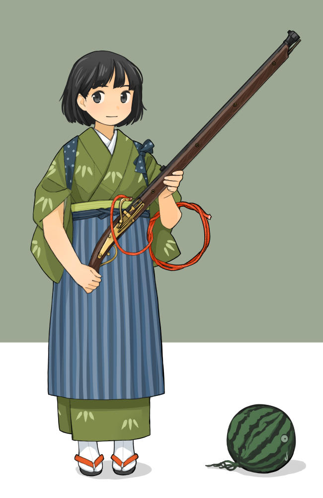 1girl, akai_sashimi, antique_firearm, arquebus, black_eyes, black_hair, creature, firearm