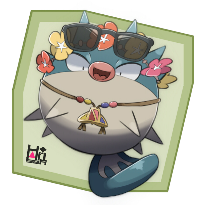 :d, blowfish, character_name, flower, head_wreath, looking_at_viewer, no_humans, open_mouth
