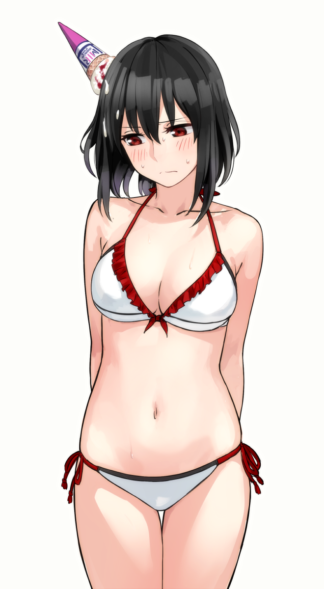 1girl, arms_behind_back, bikini, black_hair, blush, breasts, cleavage, collarbone, cowboy_shot, food, food_on_head, frilled_bikini, frills, highres, ice_cream_cone, ice_cream_cone_on_head, kantai_collection, kinosuke_(sositeimanoga), looking_down, medium_breasts, navel, object_on_head, red_eyes, short_hair, side-tie_bikini, simple_background, solo, sweatdrop, swimsuit, white_bikini, yamashiro_(kantai_collection)