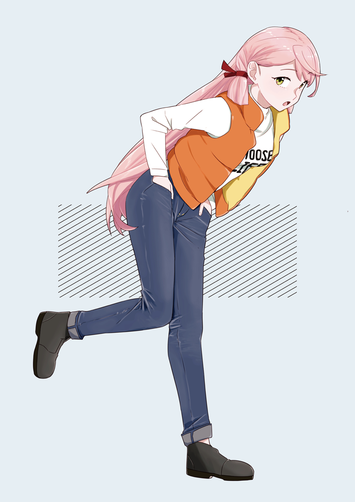 1girl, :o, akashi_(kantai_collection), casual, denim, female, full_body, green_eyes