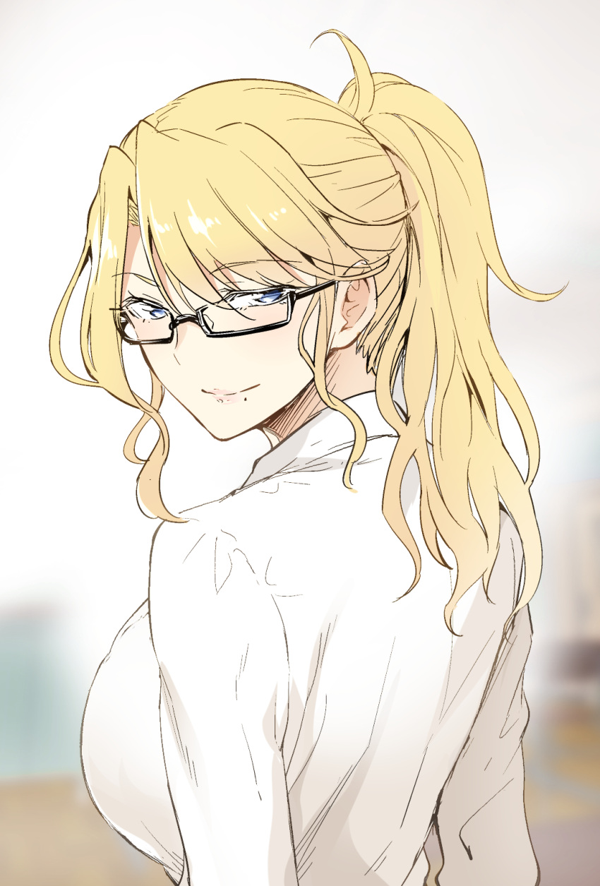 1girl, blonde_hair, blue_eyes, breasts, colored, commentary, commentary_request, glasses, highres, ishima_yuu, large_breasts, long_hair, original, ponytail, shirt, smile, teacher