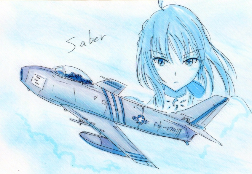 1girl, ahoge, aircraft, airplane, braid, character_name, f-86_sabre, fate_(series), fighter_jet, flying, jet, military, military_vehicle, monochrome, pilot, potekite, pun, saber, traditional_media