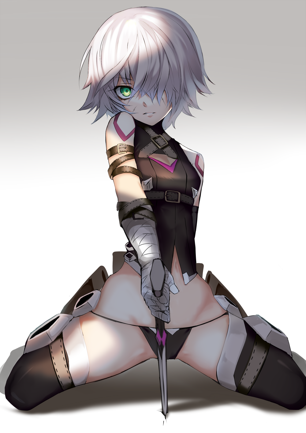 1girl, assassin_of_black, bandaged_arm, bare_shoulders, black_legwear, fate/apocrypha, fate_(series), green_eyes