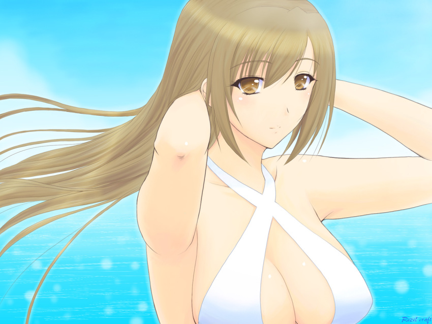 bikini, breasts, brown_hair, cleavage, halter_top, halterneck, long_hair, minami-ke