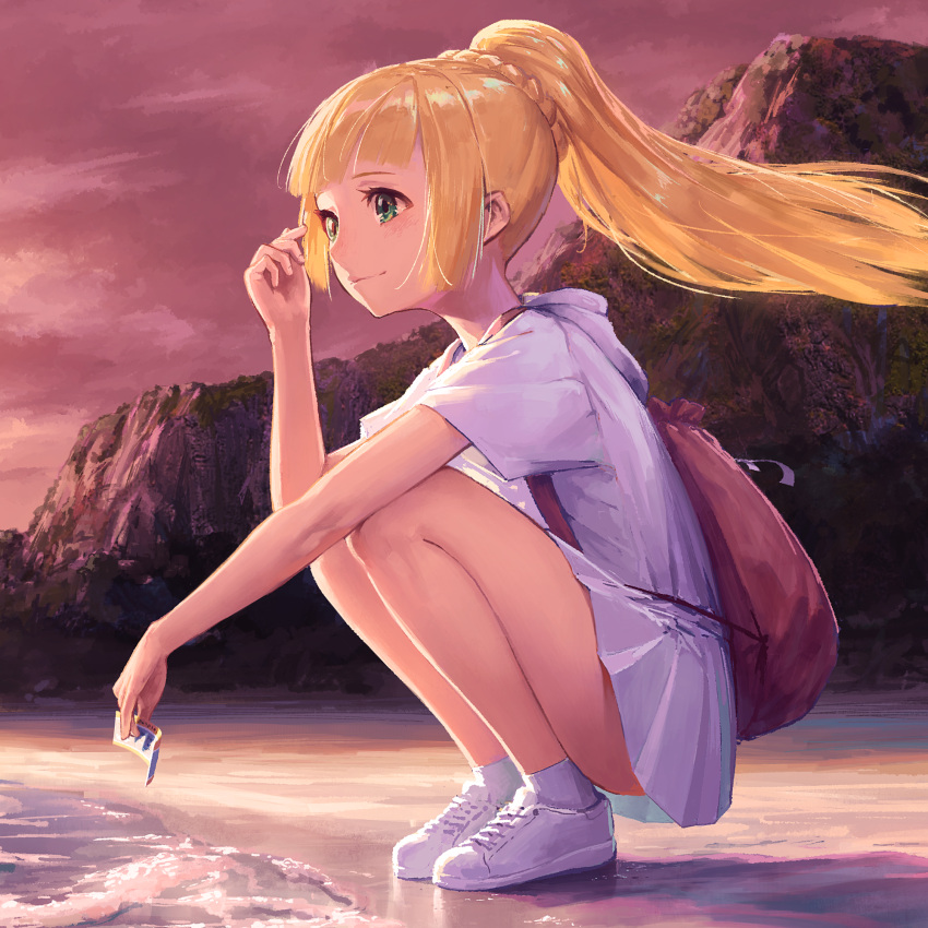1girl, backpack, bag, beach, blonde_hair, blush, clouds, dress