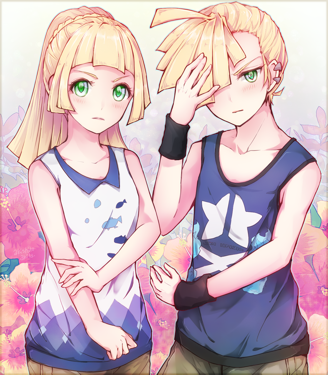 1boy, 1girl, akira_(aky-la), alternate_costume, blonde_hair, blush, braid, brother_and_sister, french_braid, gladio_(pokemon), green_eyes, hair_over_one_eye, high_ponytail, highres, lillie_(pokemon), long_hair, pokemon, pokemon_(game), pokemon_sm, ponytail, pose, short_hair, siblings, tank_top