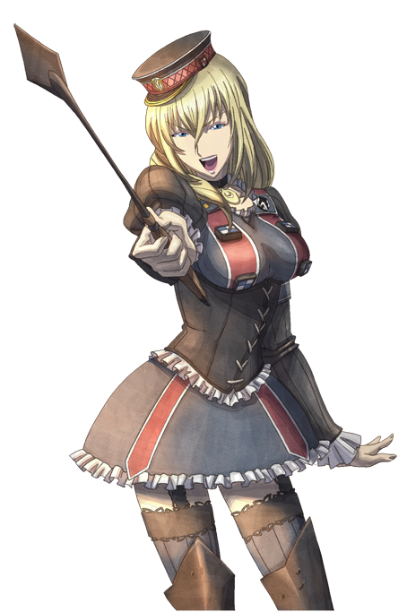 1girl, blonde_hair, blue_eyes, blue_legwear, garter_straps, leila_peron, long_hair, military, military_uniform, official_art, open_mouth, senjou_no_valkyria, senjou_no_valkyria_2, solo, thigh-highs, transparent_background, uniform