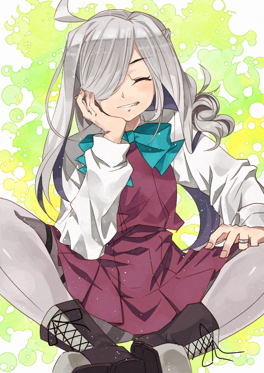 1girl, absurdres, ahoge, asashimo_(kantai_collection), blush, bow, bowtie, closed_eyes