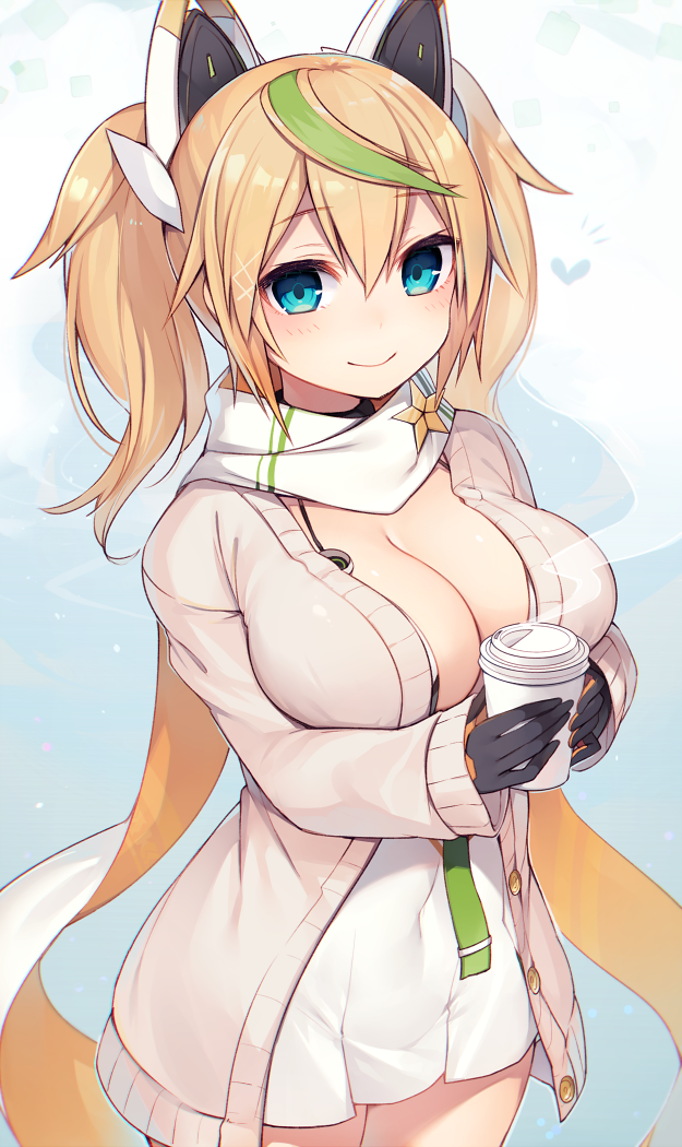 /\/\/\, 1girl, bangs, black_gloves, blonde_hair, blush, breasts, cardigan