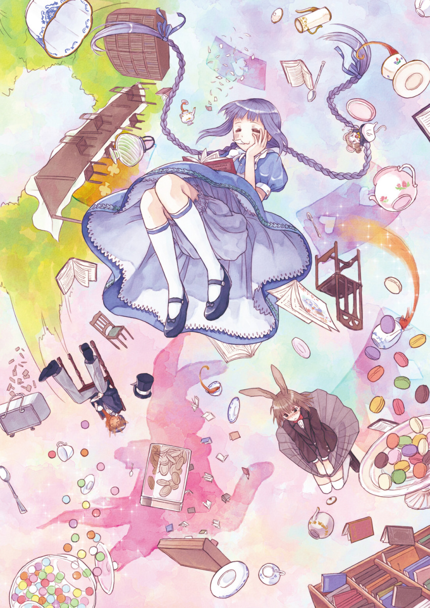 alice_(wonderland), amano_tooko, animal_ears, bloomers, blue_hair, blush, book, braid