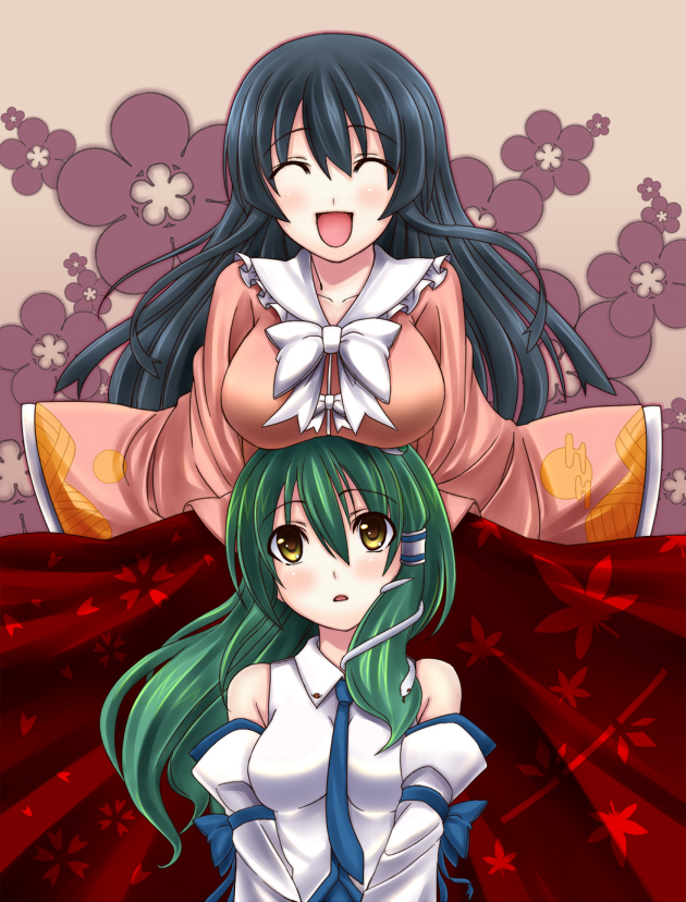 breast_rest, breasts, breasts_on_head, headboob, houraisan_kaguya, kaguyahime, kochiya_sanae, long_skirt