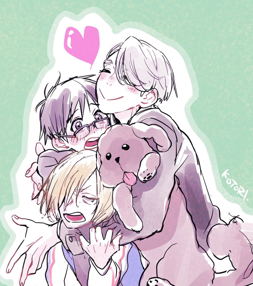3boys, ^_^, anna_kotori, black_hair, blonde_hair, blush, brown_eyes, closed_eyes