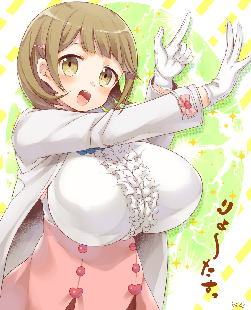 1girl, :o, breasts, brown_eyes, brown_hair, cleavage, gloves, hair_ornament, hairclip, heart_hair_ornament, highres, huge_breasts, looking_at_viewer, miyano_ururu, narusawa_ryouka, necktie, occultic;nine, short_hair, smile, solo, striped, striped_necktie, white_gloves