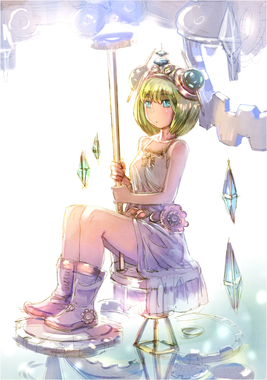 1girl, bare_shoulders, blue_eyes, boots, bow_(bhp), dress, glyph, granblue_fantasy, green_hair, highres, mithra_(granblue_fantasy), personification, short_hair, sitting, staff