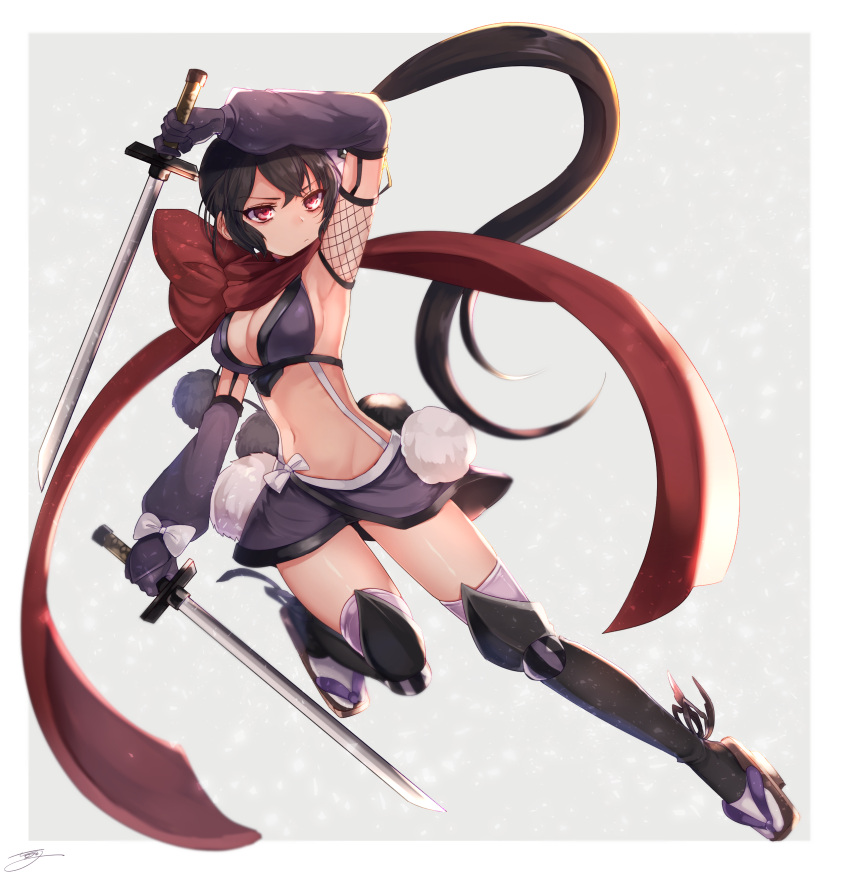 1girl, absurdres, armpits, black_hair, breasts, cleavage, detached_sleeves, dual_wielding