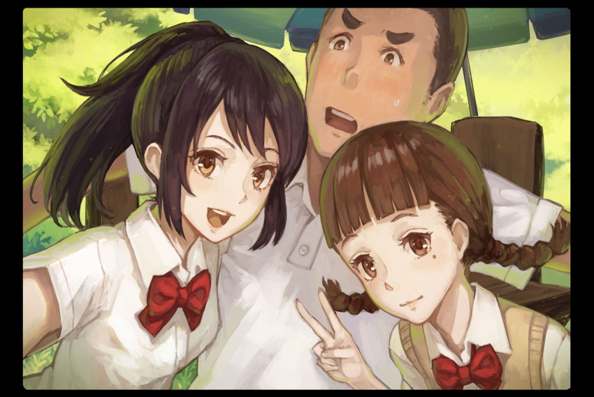 1boy, 2girls, blush, braid, brown_eyes, brown_hair, kimi_no_na_wa, miyamizu_mitsuha